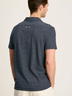 Linen Blend Navy Blue Striped Polo Shirt