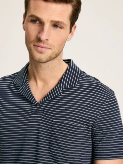 Linen Blend Navy Blue Striped Polo Shirt