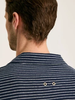 Linen Blend Navy Blue Striped Polo Shirt