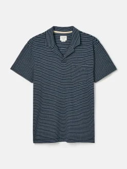 Linen Blend Navy Blue Striped Polo Shirt