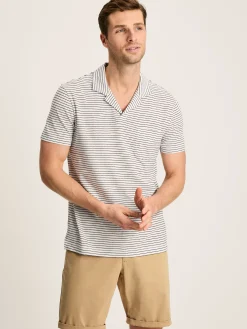 Linen Blend White Striped Polo Shirt