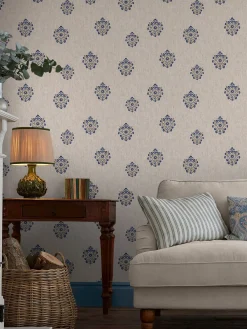 Linen Blue Grove Motif Print 10M Wallpaper