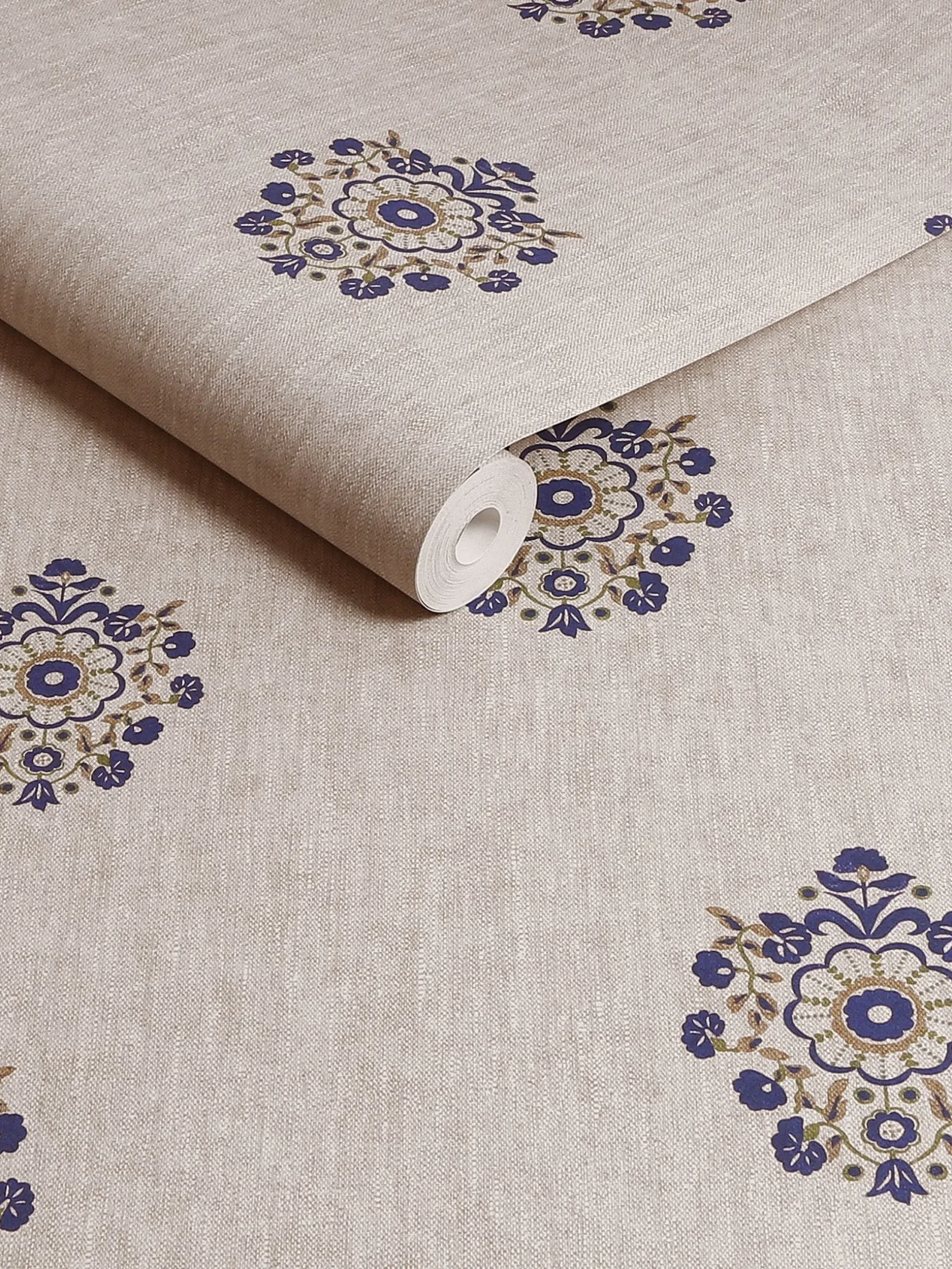 Linen Blue Grove Motif Print 10M Wallpaper
