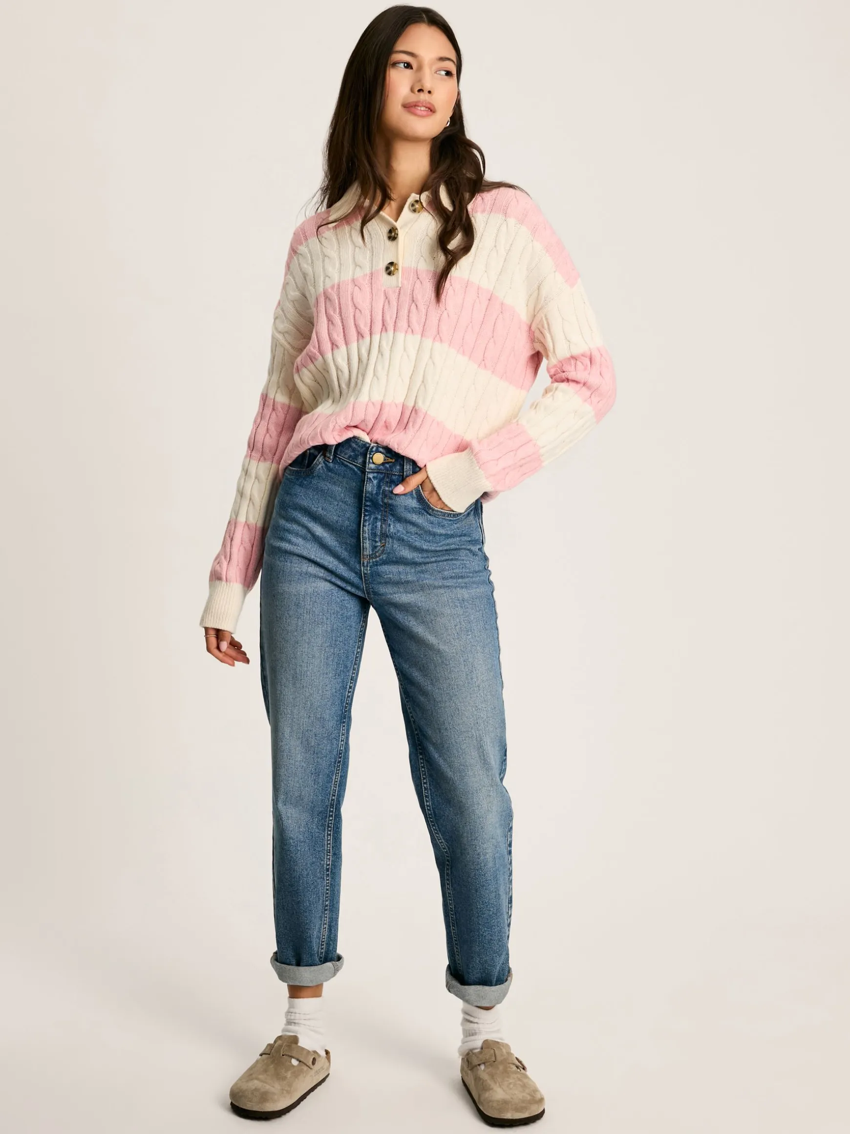 Love All Pink Cable Knit Jumper with Button Collar