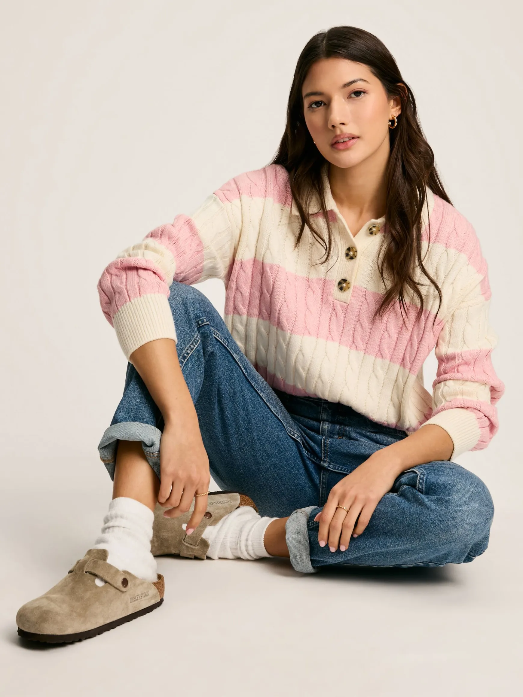 Love All Pink Cable Knit Jumper with Button Collar