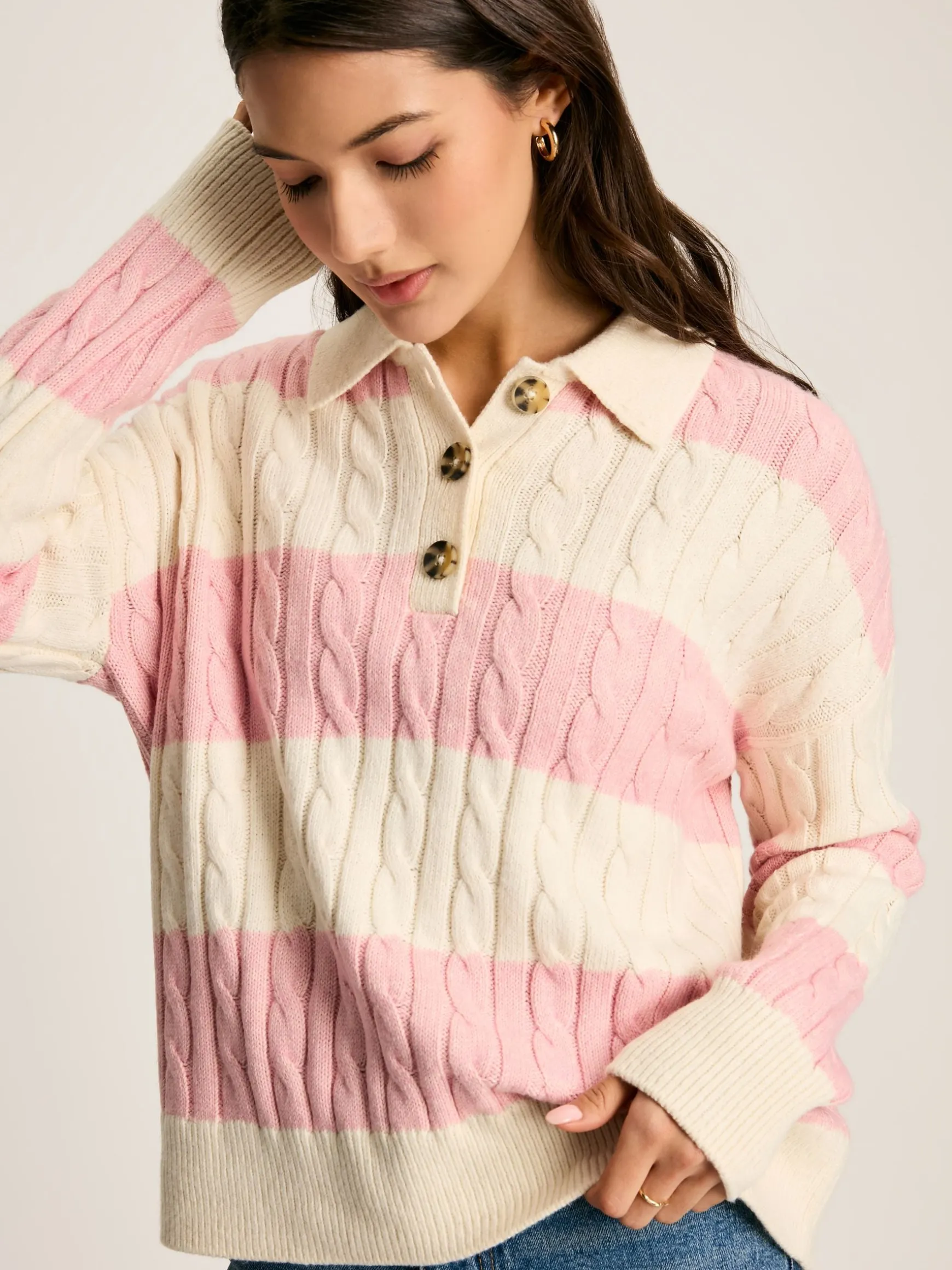 Love All Pink Cable Knit Jumper with Button Collar