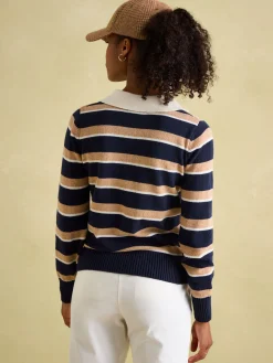 Maddie Navy/Oatmeal V Neck Stripe Jumper with Collar