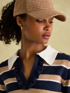 Maddie Navy/Oatmeal V Neck Stripe Jumper with Collar