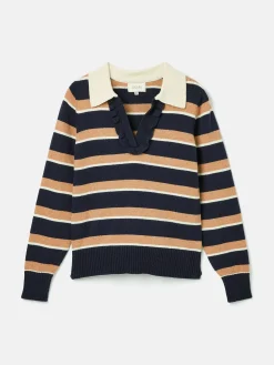 Maddie Navy/Oatmeal V Neck Stripe Jumper with Collar