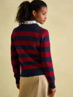 Maddie Red/Navy V Neck Stripe Jumper with Collar