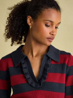 Maddie Red/Navy V Neck Stripe Jumper with Collar