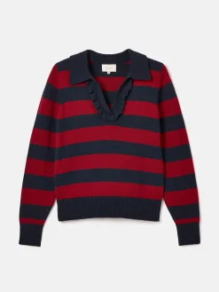 Maddie Red/Navy V Neck Stripe Jumper with Collar
