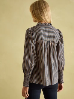 Mariella Navy Stripe Cotton Frill Neck Blouse