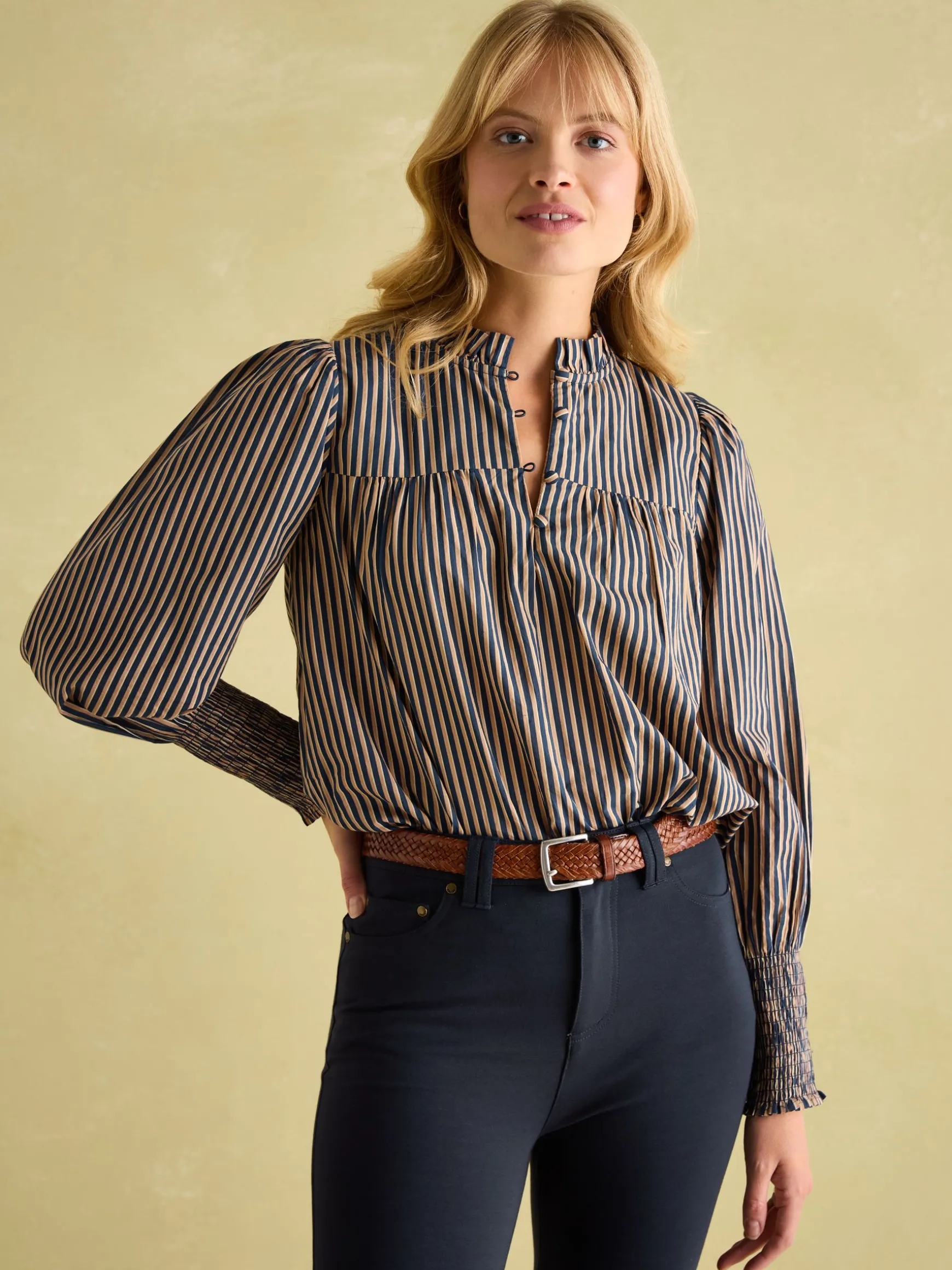 Mariella Navy Stripe Cotton Frill Neck Blouse
