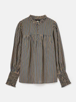Mariella Navy Stripe Cotton Frill Neck Blouse
