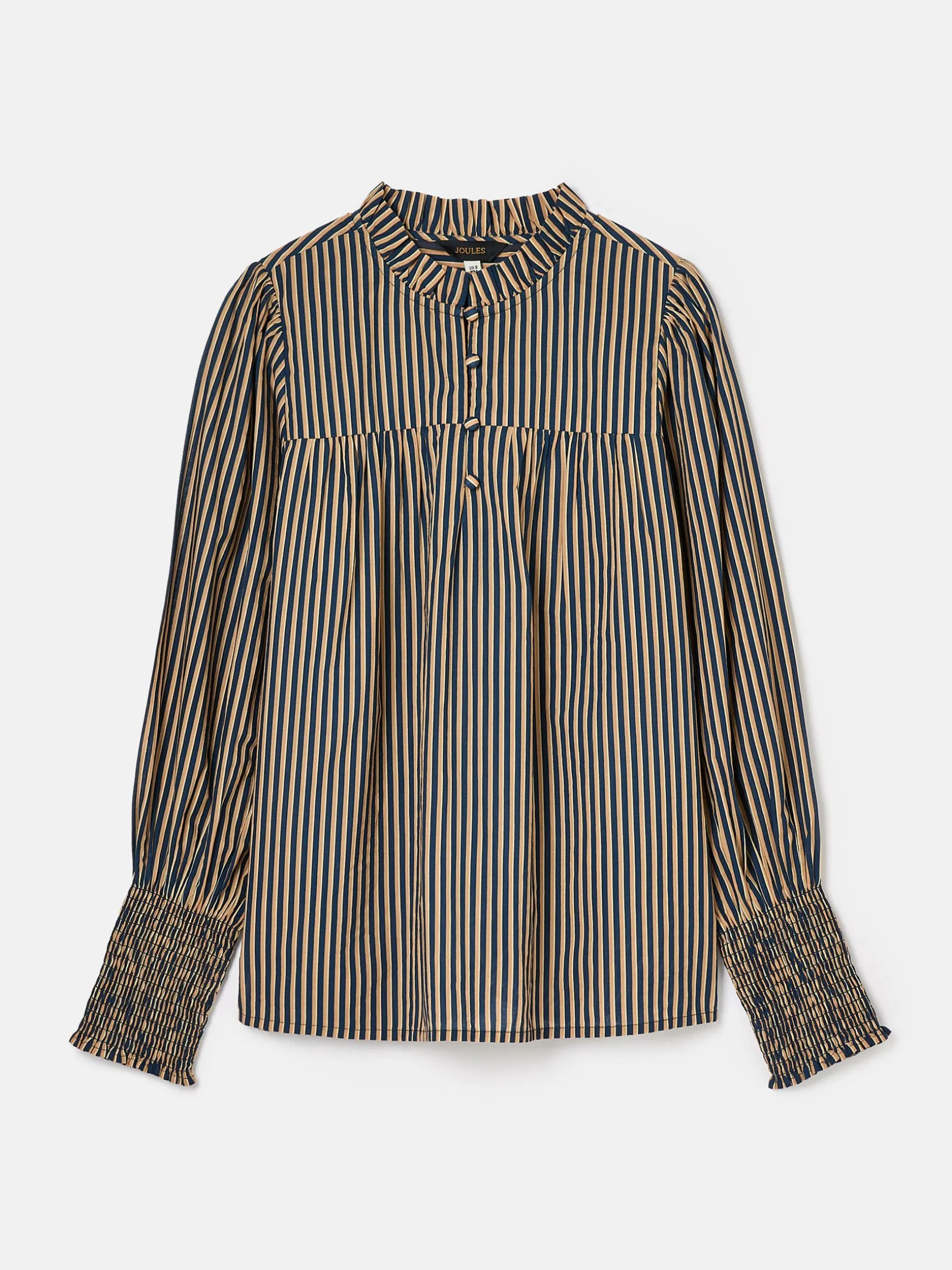 Mariella Navy Stripe Cotton Frill Neck Blouse