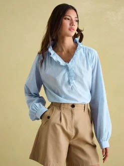 Melanie Blue/White Cotton Ruffle Blouse