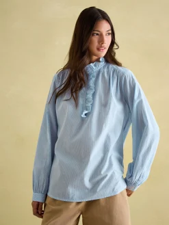 Melanie Blue/White Cotton Ruffle Blouse