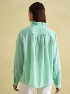 Melanie Green/White Cotton Ruffle Blouse