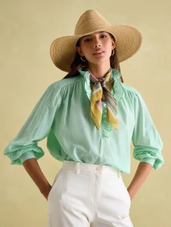 Melanie Green/White Cotton Ruffle Blouse