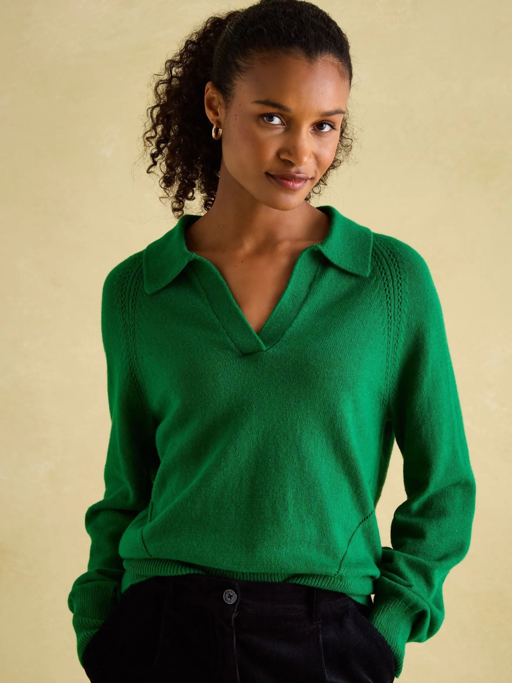Mia Green Pointelle Jumper with Open Collar