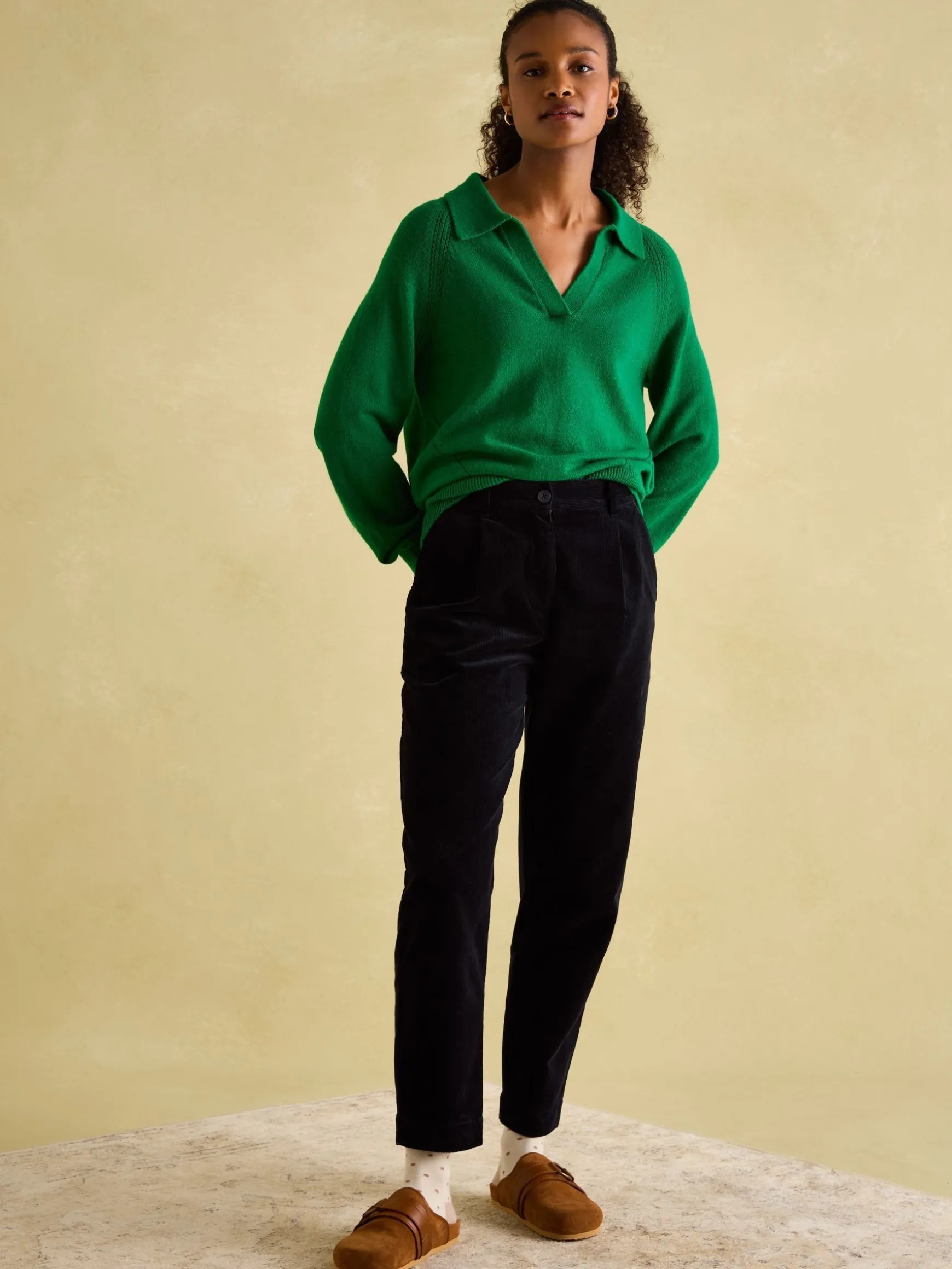 Mia Green Pointelle Jumper with Open Collar