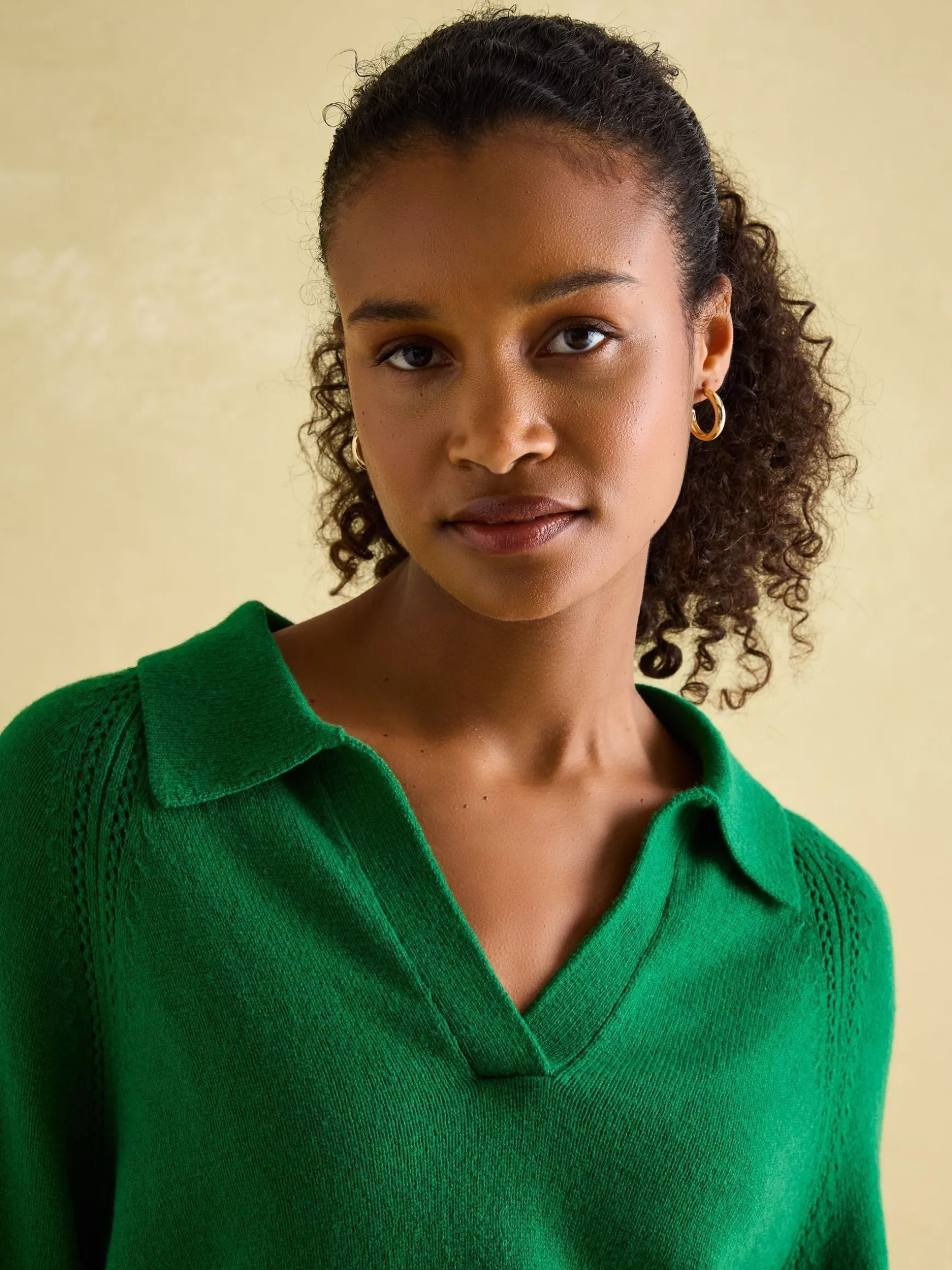 Mia Green Pointelle Jumper with Open Collar