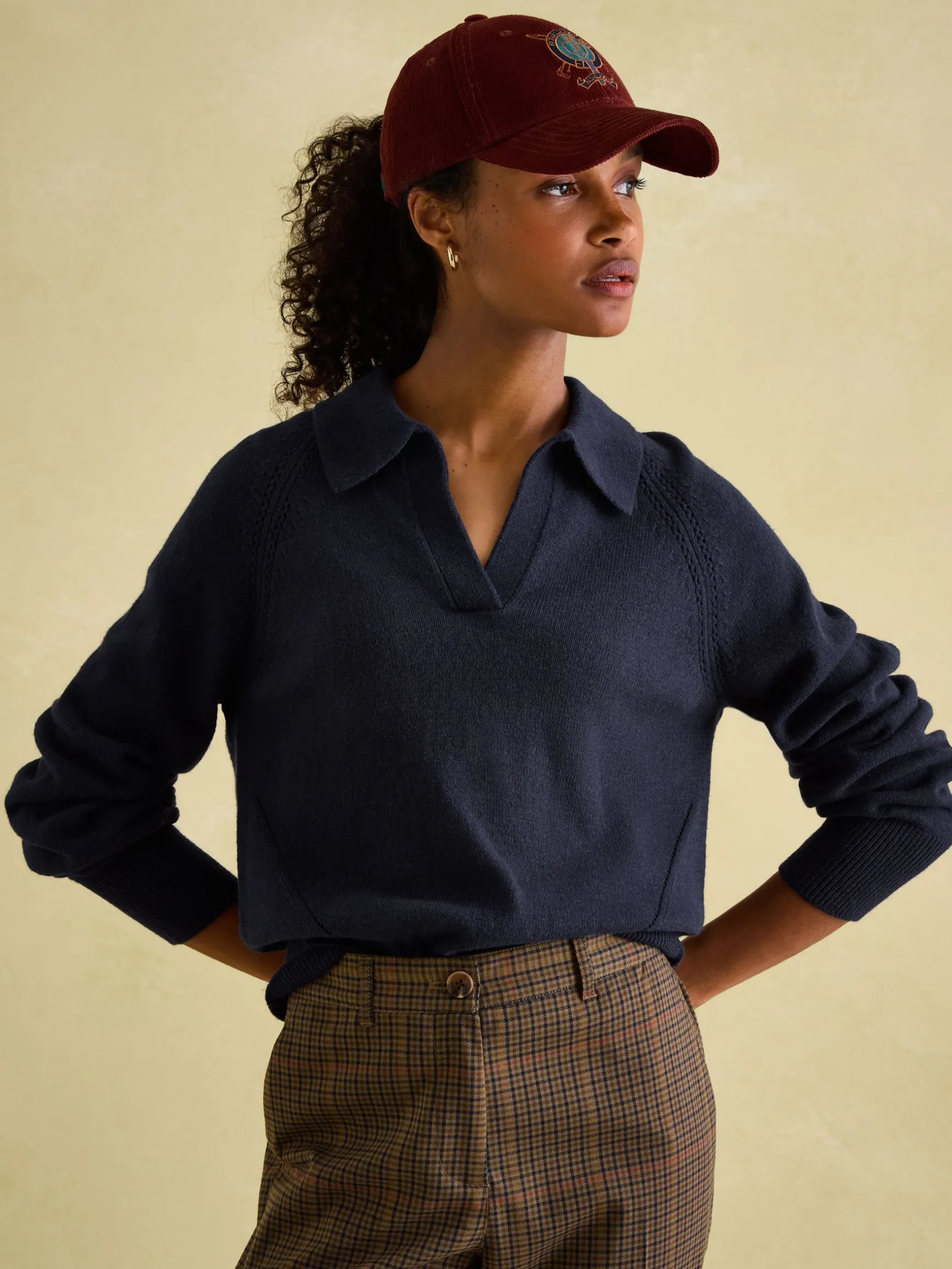 Mia Navy Blue Pointelle Jumper with Open Collar