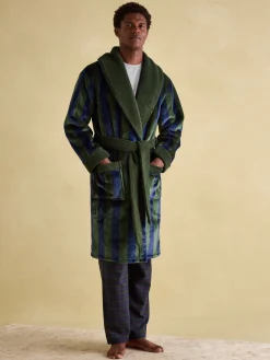Montague Green & Navy Stripe Fleece Lined Dressing Gown