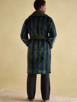 Montague Green & Navy Stripe Fleece Lined Dressing Gown