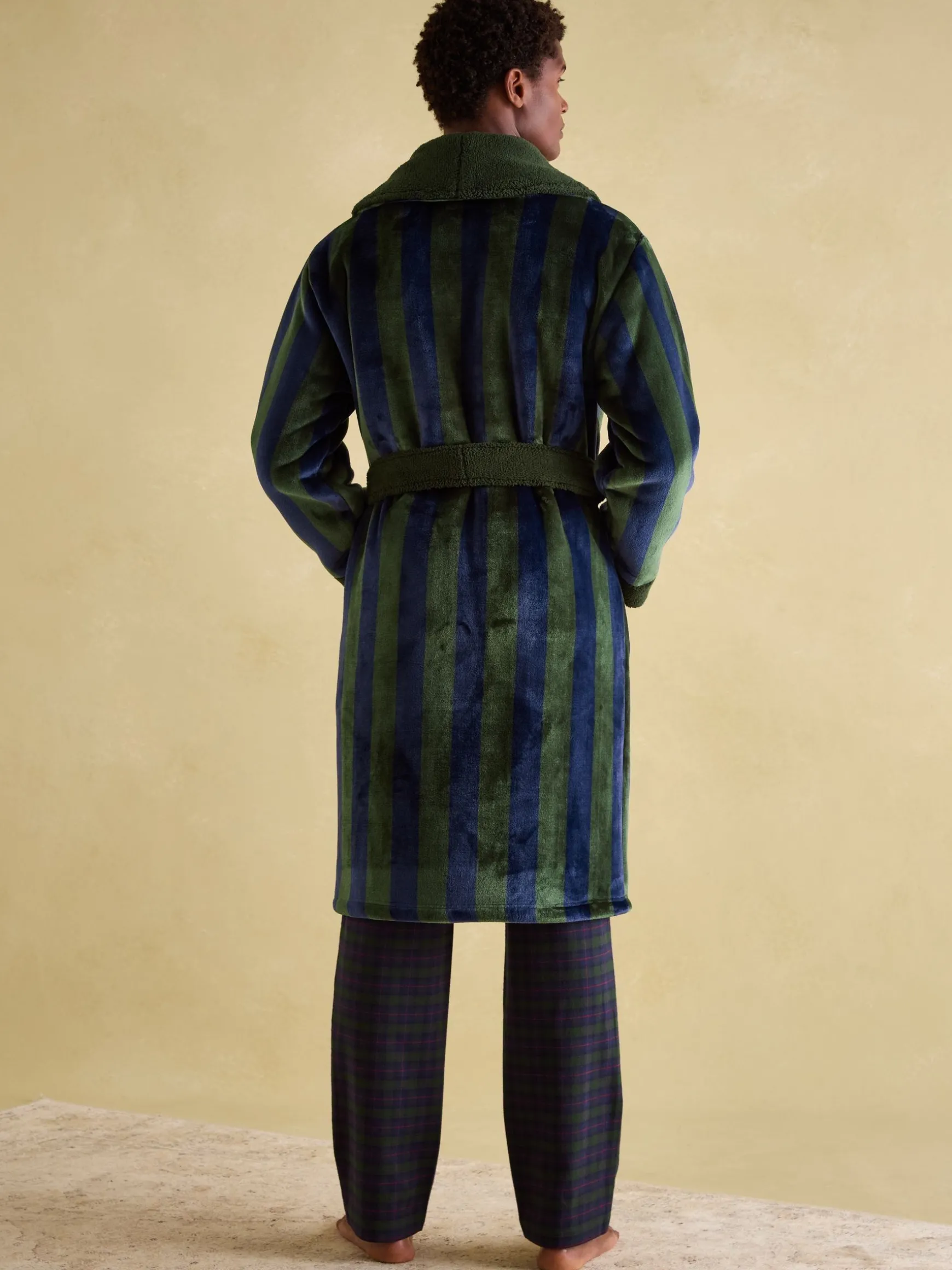 Montague Green & Navy Stripe Fleece Lined Dressing Gown