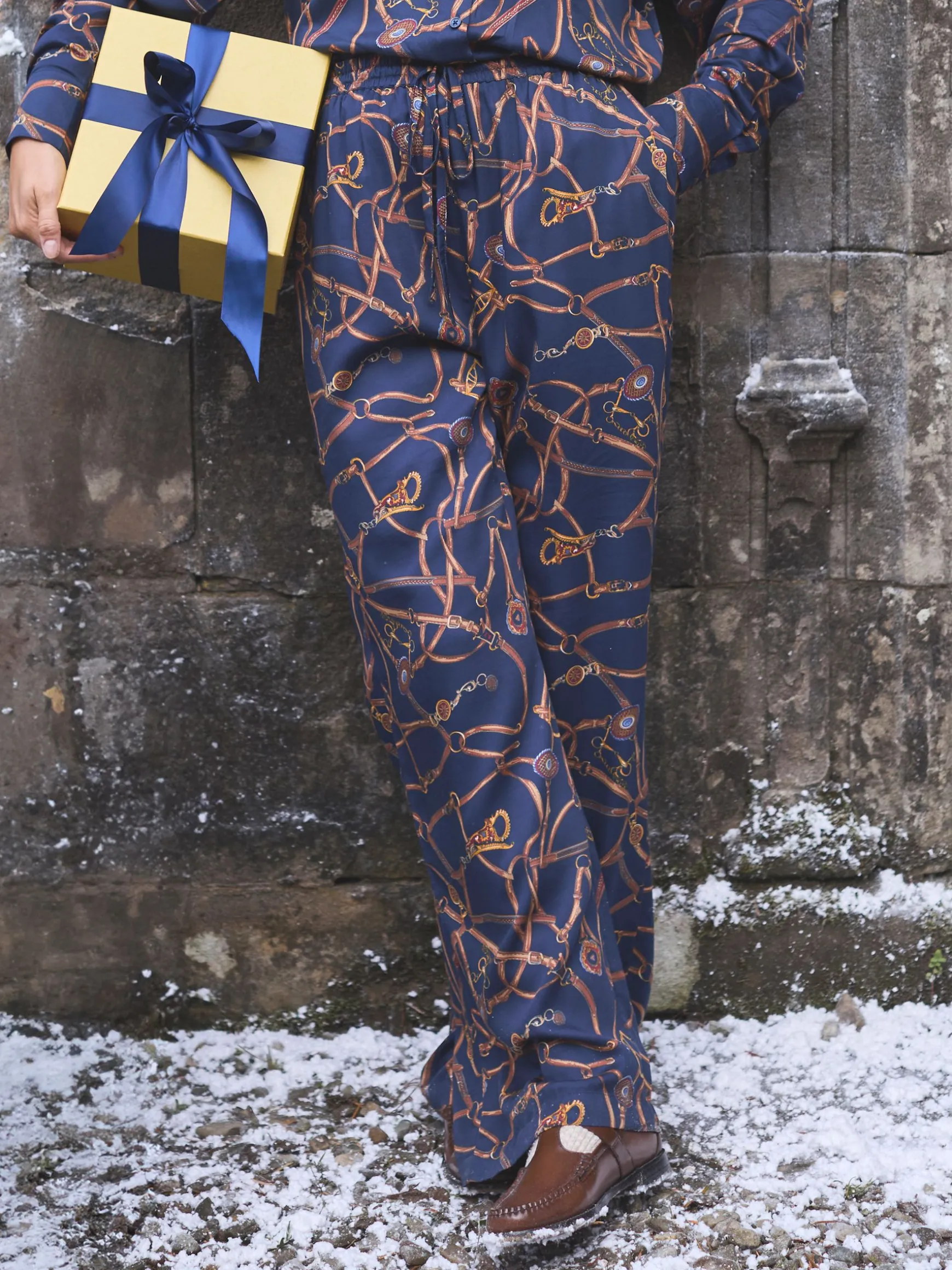 Navy Blue Bridle Wide Leg Printed Satin Trousers
