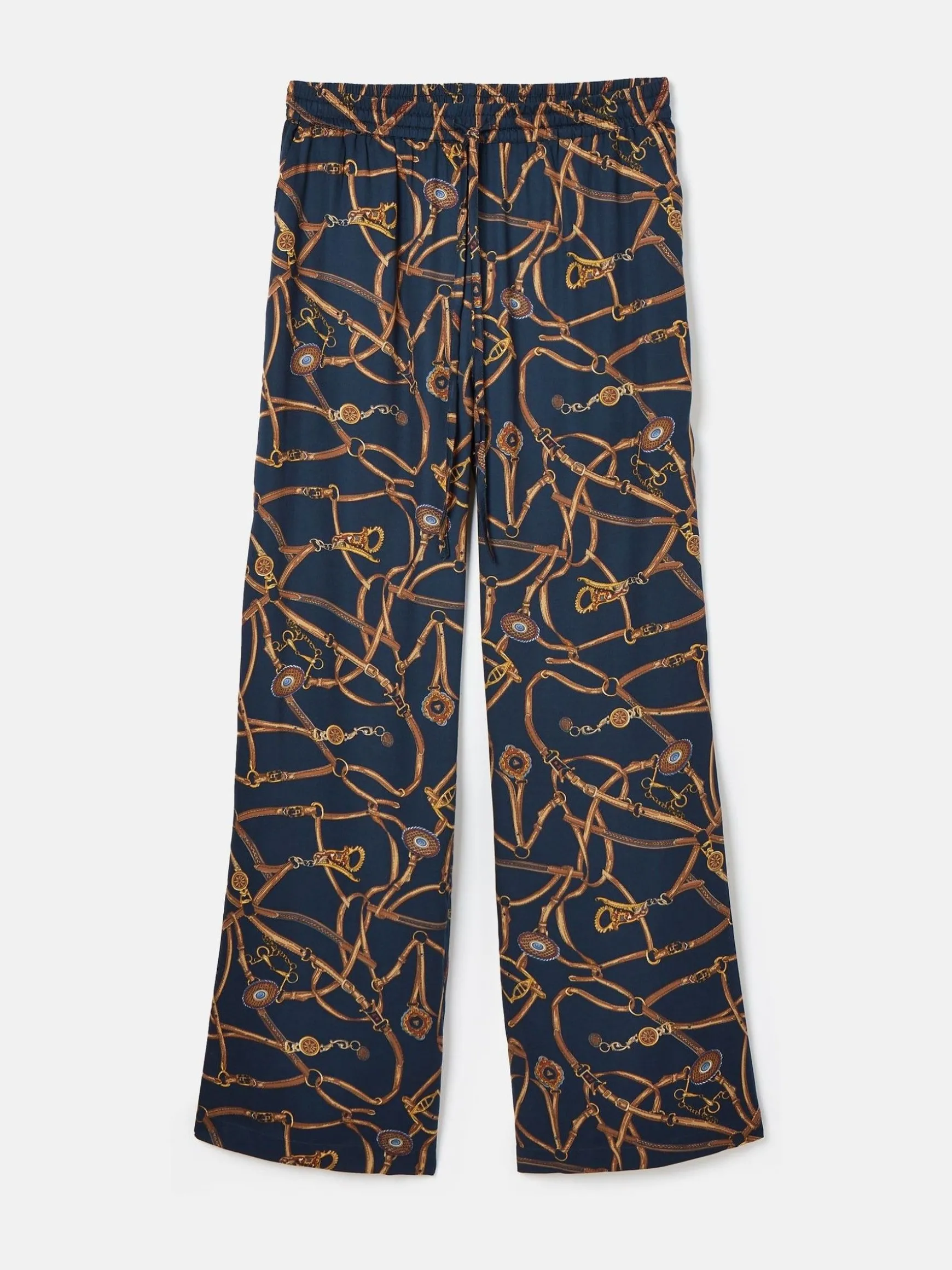 Navy Blue Bridle Wide Leg Printed Satin Trousers