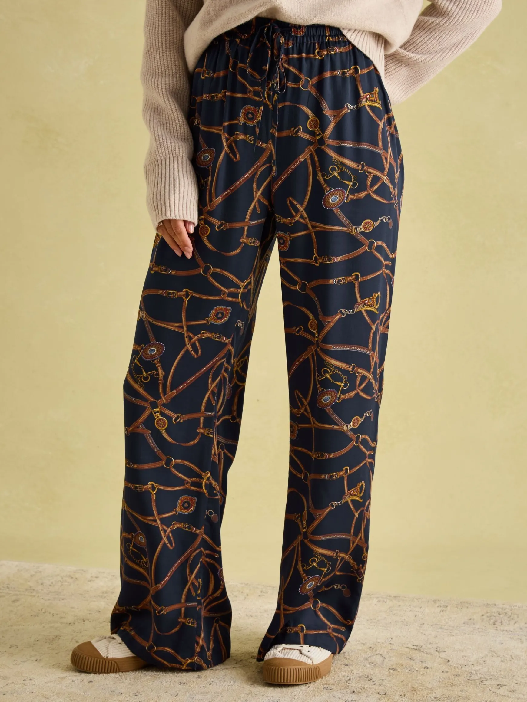 Navy Blue Bridle Wide Leg Printed Satin Trousers