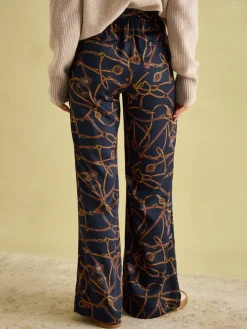 Navy Blue Bridle Wide Leg Printed Satin Trousers