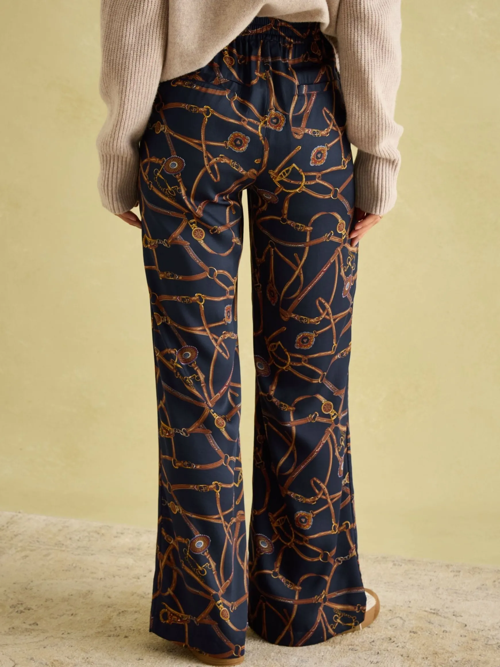 Navy Blue Bridle Wide Leg Printed Satin Trousers