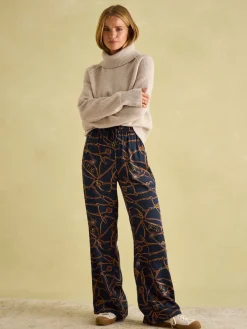 Navy Blue Bridle Wide Leg Printed Satin Trousers