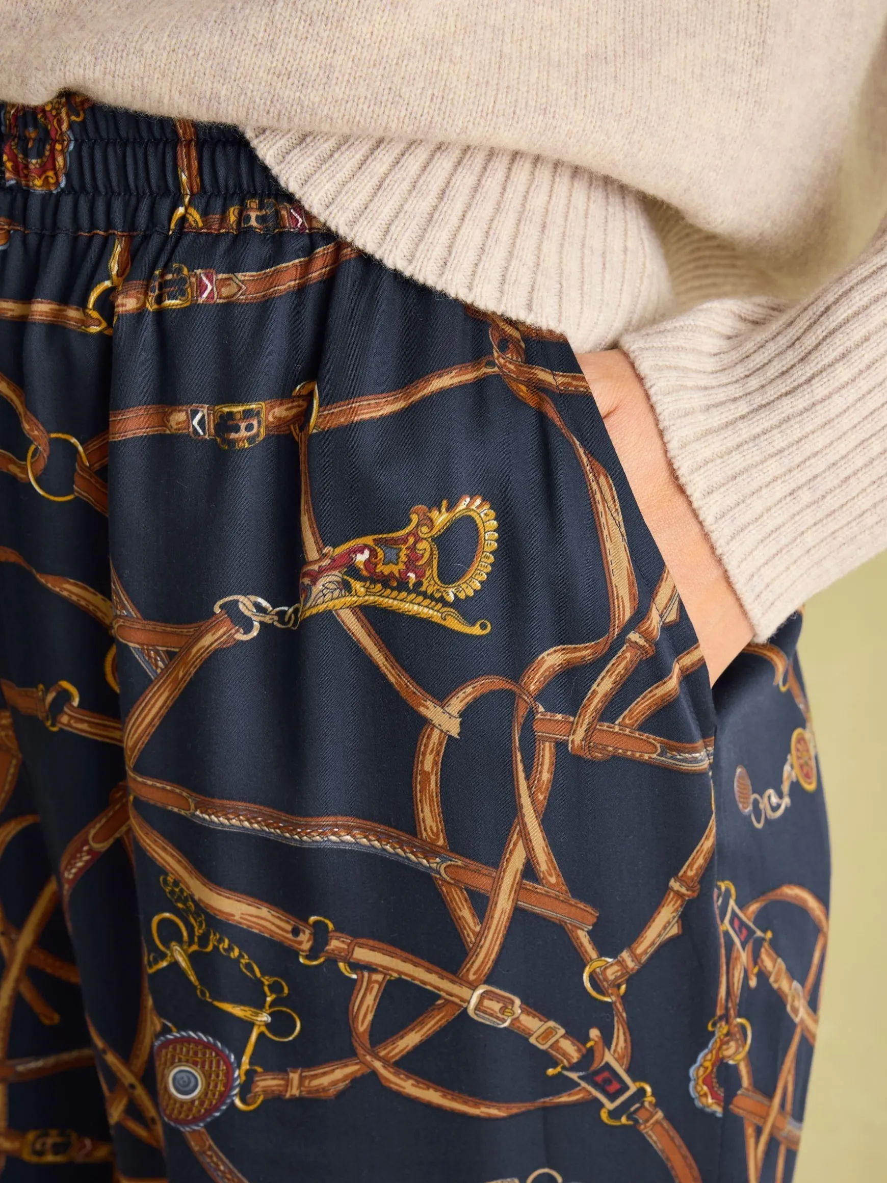 Navy Blue Bridle Wide Leg Printed Satin Trousers