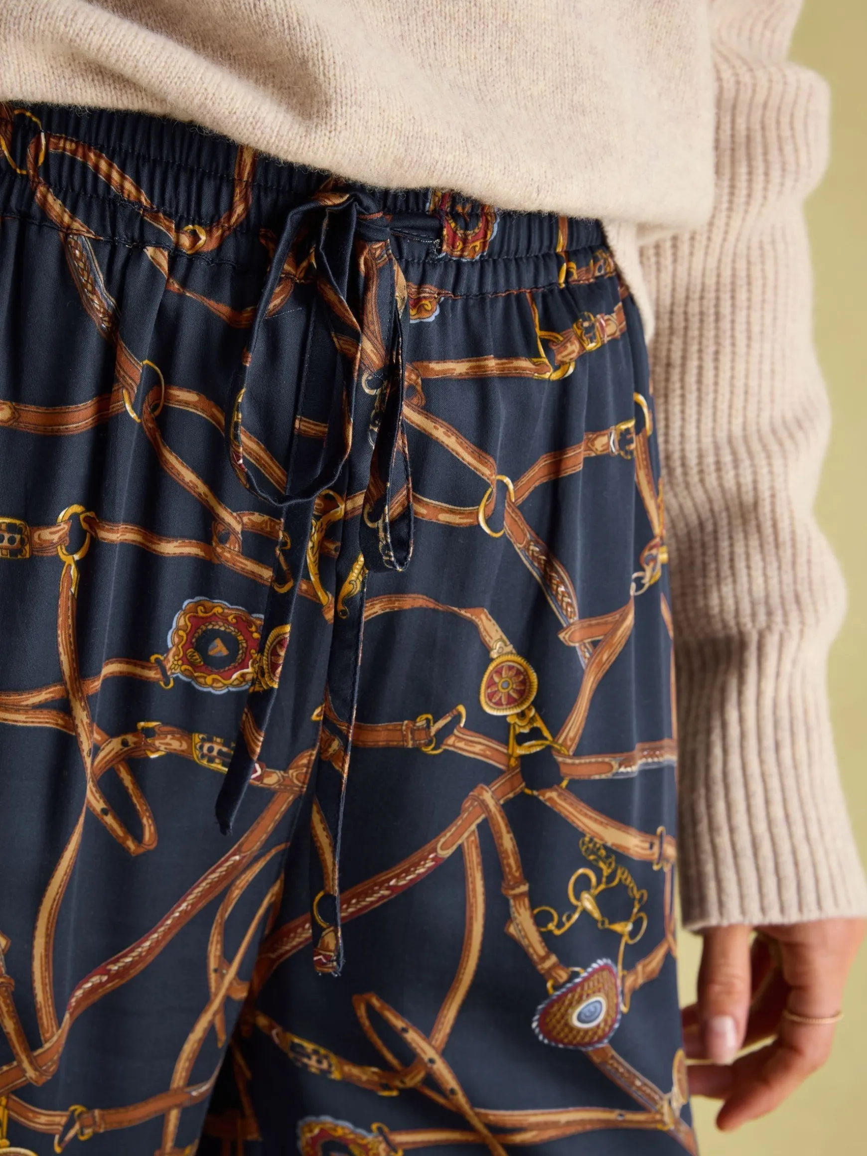 Navy Blue Bridle Wide Leg Printed Satin Trousers