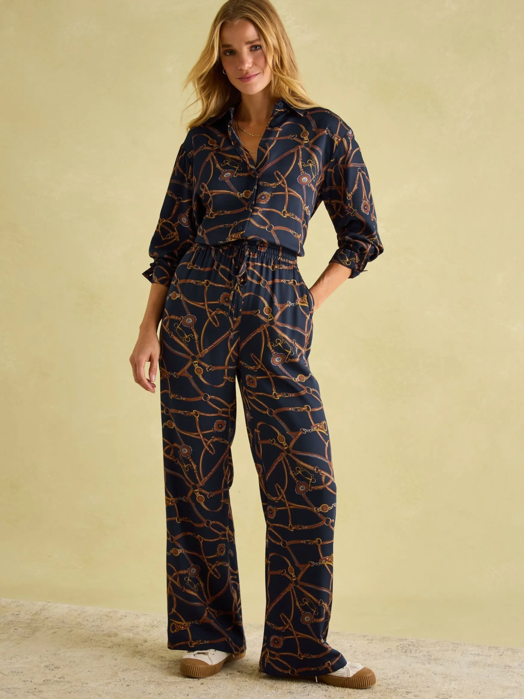 Navy Blue Bridle Wide Leg Printed Satin Trousers