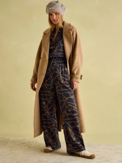 Navy Blue Bridle Wide Leg Printed Satin Trousers