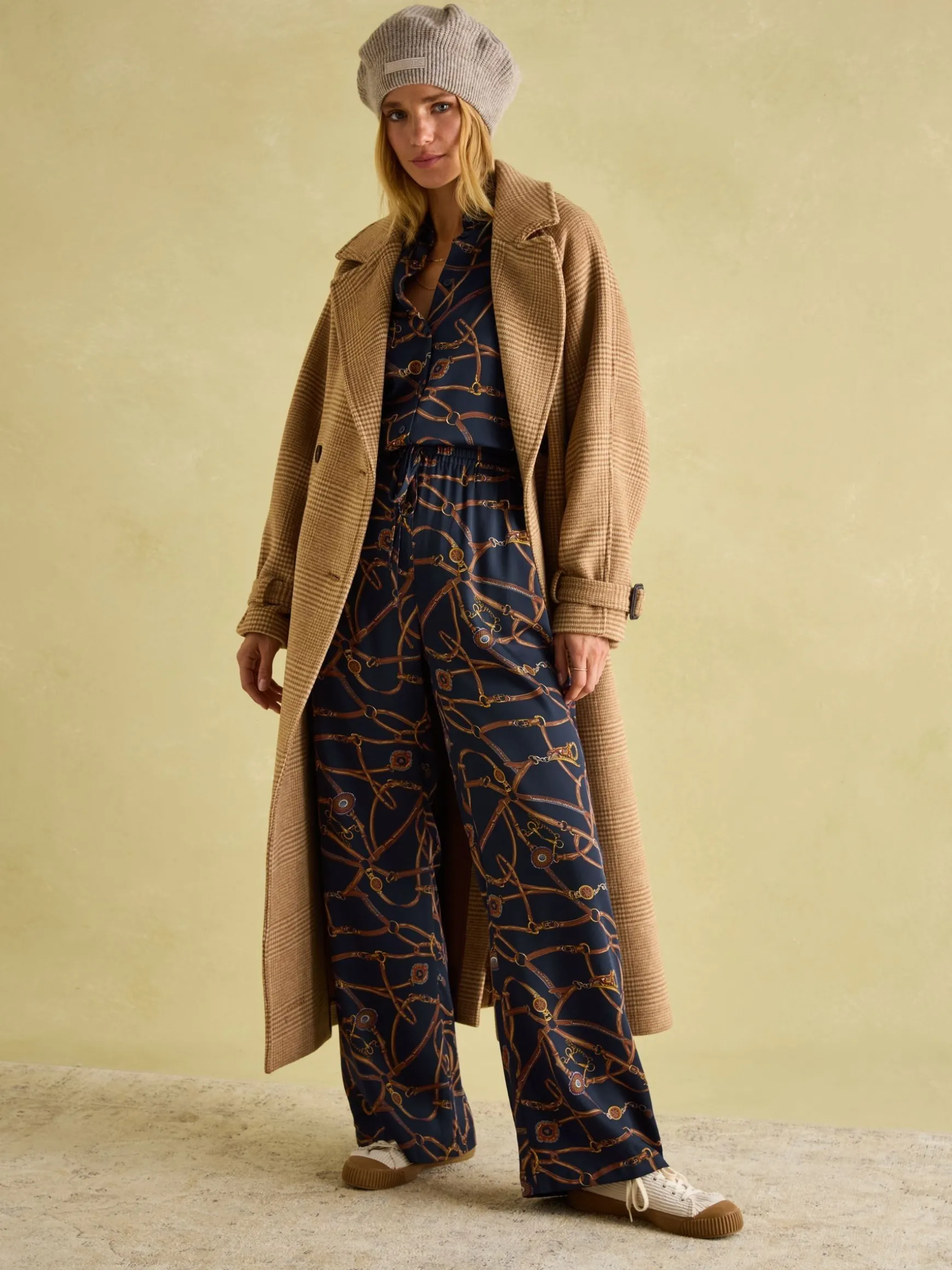 Navy Blue Bridle Wide Leg Printed Satin Trousers
