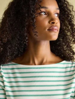 New Harbour Cream & Green Striped Boat Neck Breton Top