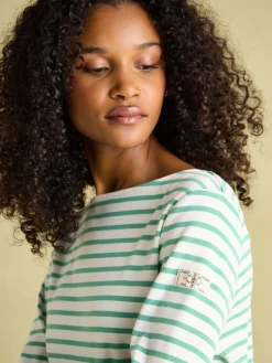 New Harbour Cream & Green Striped Boat Neck Breton Top