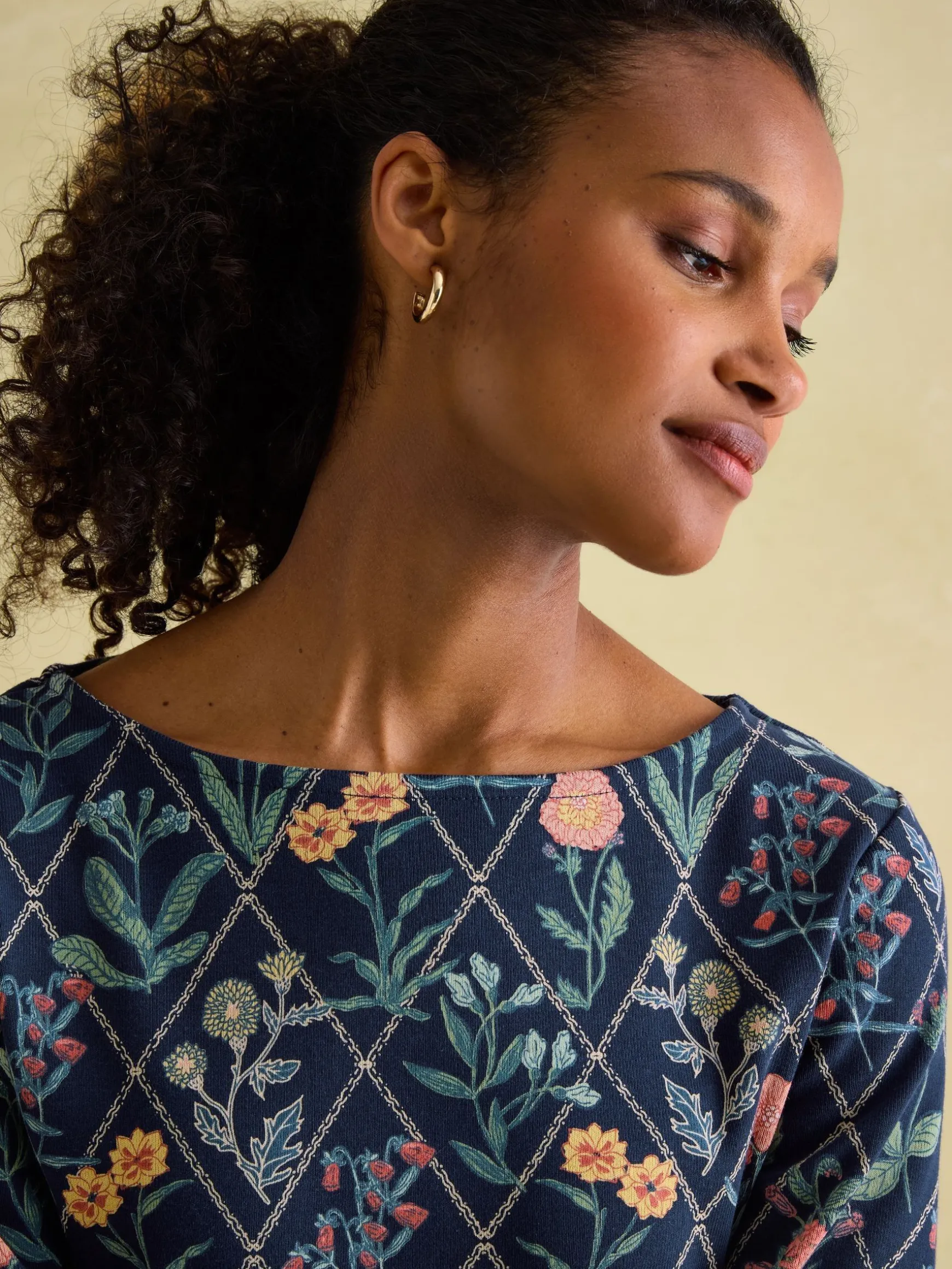 New Harbour Navy floral Boat Neck Breton Top