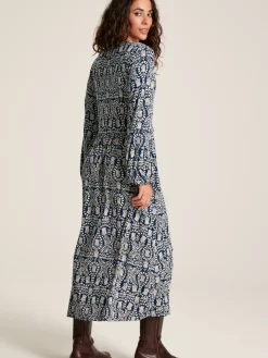 Nia Navy Blue Printed Long Sleeve Midaxi Dress With Pockets