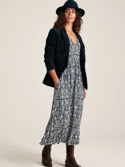 Nia Navy Blue Printed Long Sleeve Midaxi Dress With Pockets