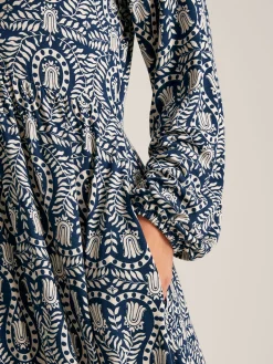Nia Navy Blue Printed Long Sleeve Midaxi Dress With Pockets