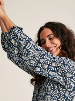 Nia Navy Blue Printed Long Sleeve Midaxi Dress With Pockets