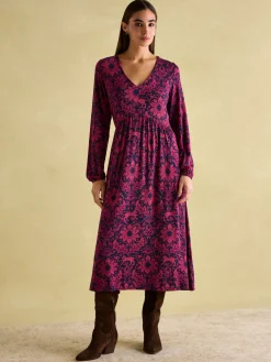 Nia Red & Navy Long Sleeve Midaxi Dress